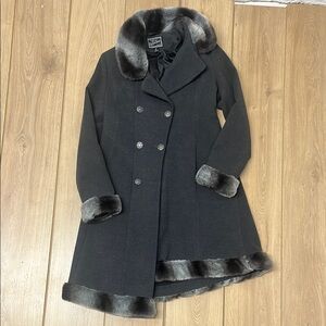 Rothschild Black and Gray Pea Coat with Luxurious Fur Trim